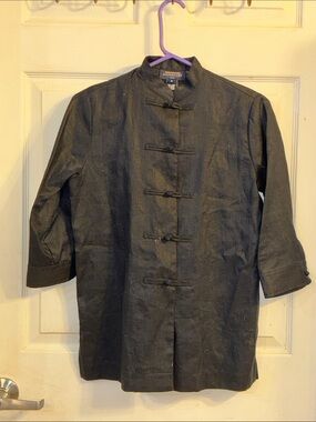 Jones New York Signature Woman’s Black Mandarin Collar Linen Shirt, Size: S/P